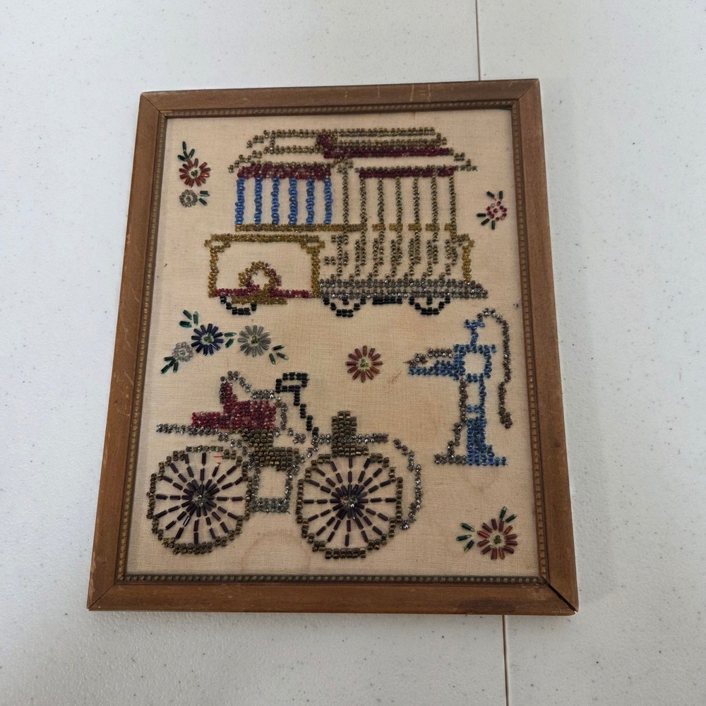 Vintage 1964 Hand Beaded Horse Drawn Carriage Folk Art Framed 12x10